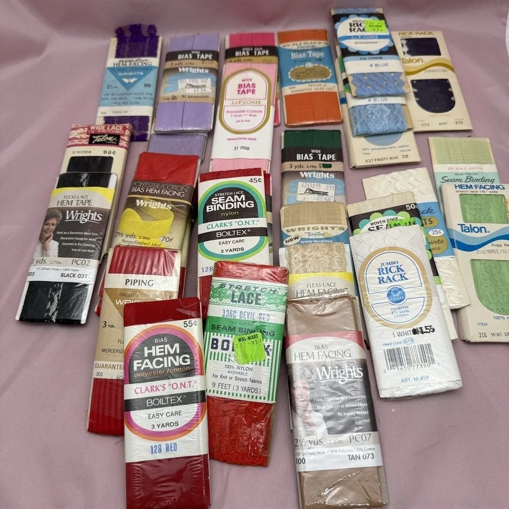 Vintage Sewing Notions Lot 20+ Sealed Bias Tape Rick Rack Lace Trim Hem Facing